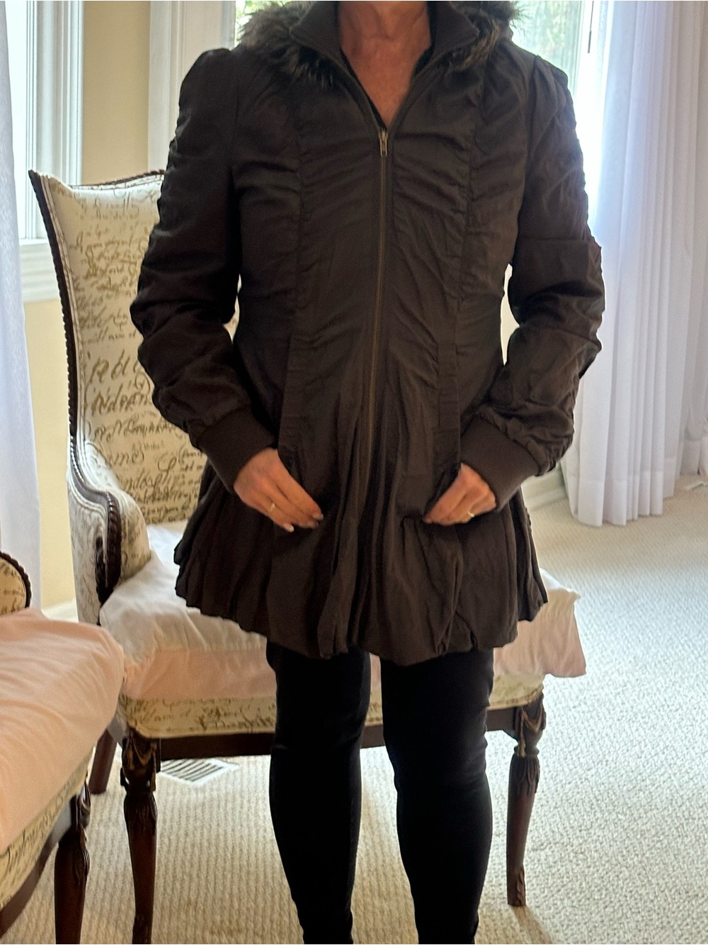 Women's Brown Zip-Up Puffer Coat with Fur Hood light weight
